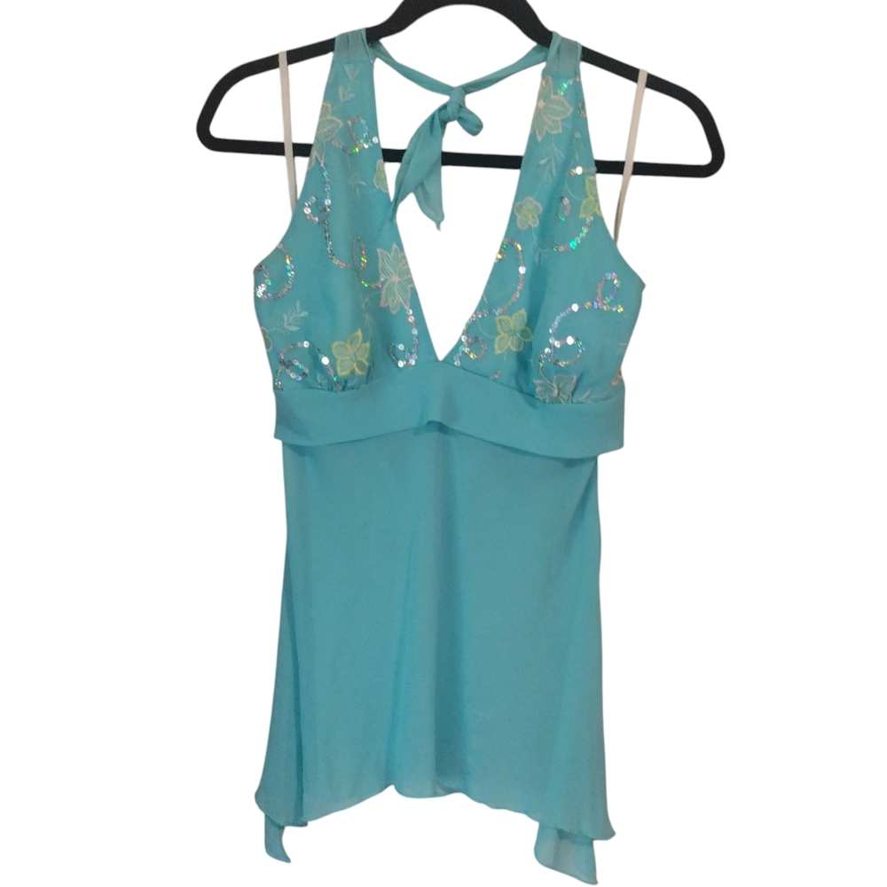 HTF Vintage Y2K 2000s wet seal mesh sheer sequin mermaid fairy Teal Halter Top S